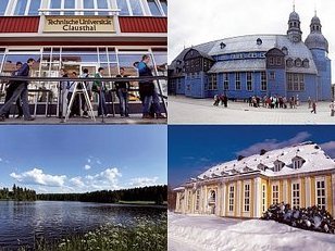 Fotocollage, die das Hauptgebäude der TU Clasuthal, die Hörsäle und das AULA-Gebäude zeigt